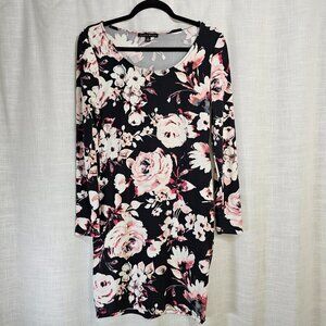 Haute Monde Long Sleeve Black Floral Polyester Blend Pencil Dress-Size: Large